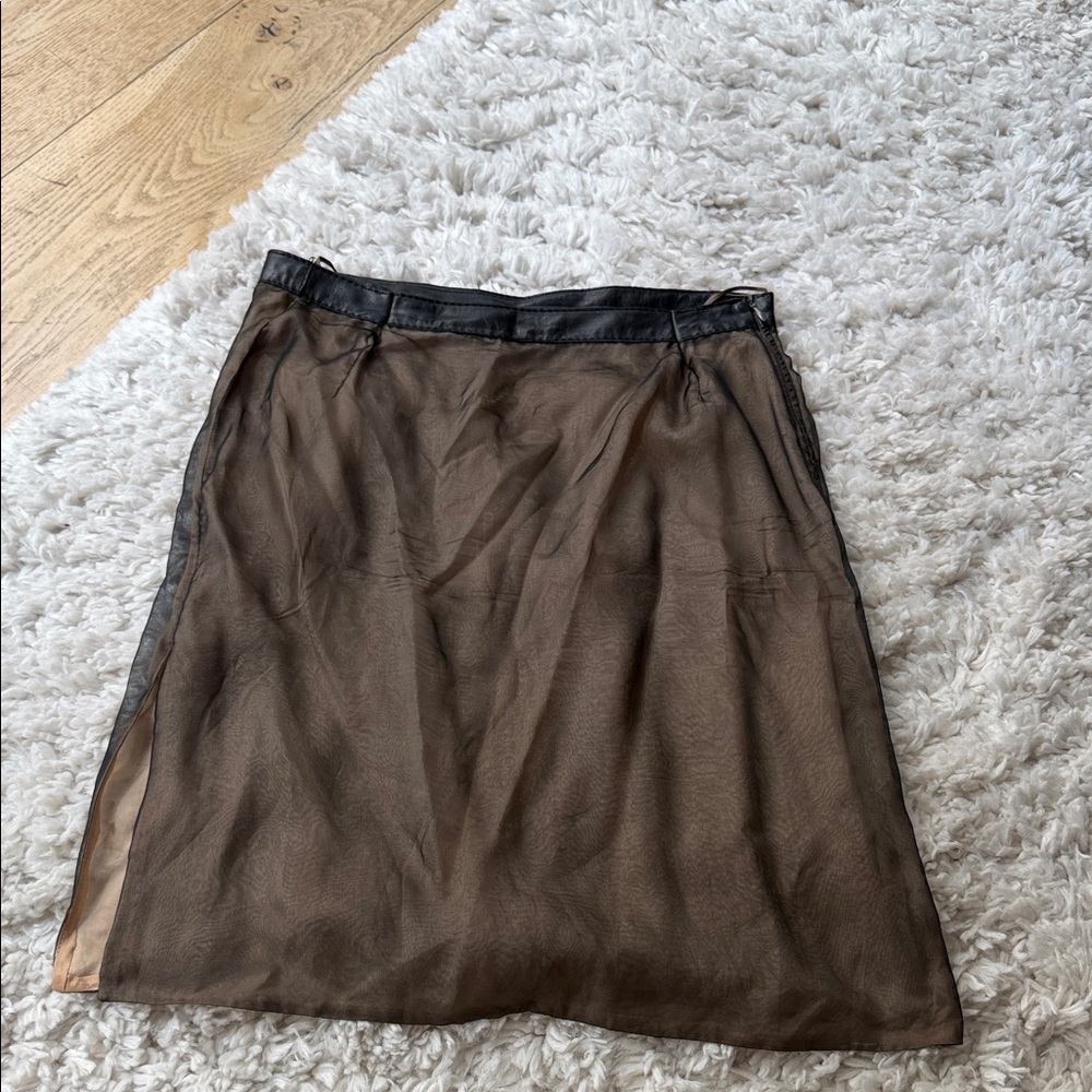 Thrifted in Paris💕Sheer Brown A-Line Skirt with Leather Trim